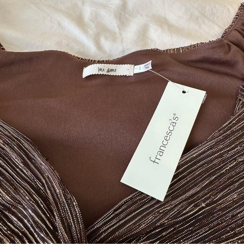 Francesca's Collections Brown Metallic Twist-Peplum Blouse Size S - Picture 11 of 13